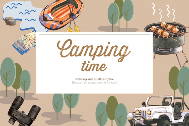 Camping background with boat, binoculars and canned food, car illustrations.