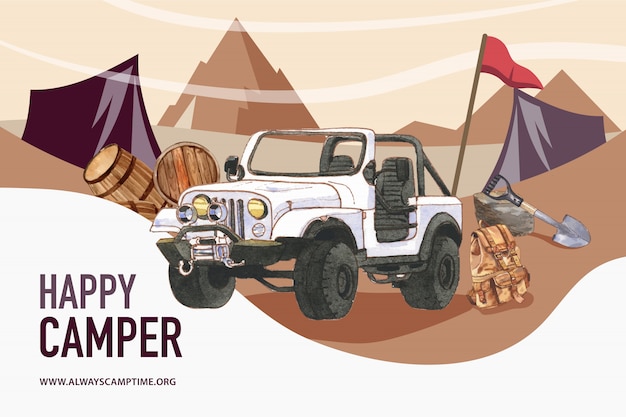 Free vector camping background  with car, bucket, shovel and backpack illustration.