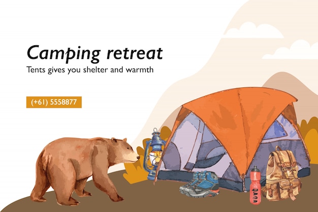 Camping background  with tent, lantern, boot, backpack and flask  illustrations.