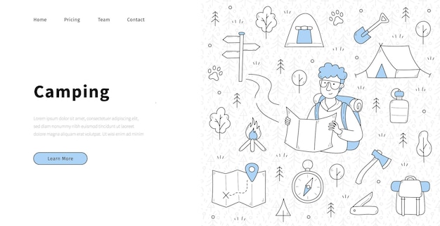 地図とスケッチマンハイカーとキャンプバナー