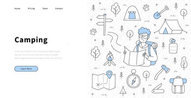 Free vector camping banner with sketch man hiker with map