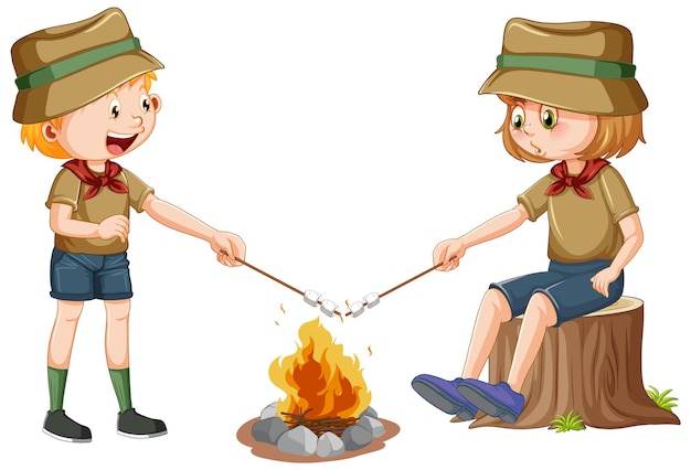 Camping children roasting marshmallow