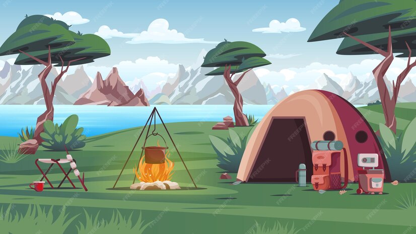 Free Vector Camping colored composition tent and camping equipment