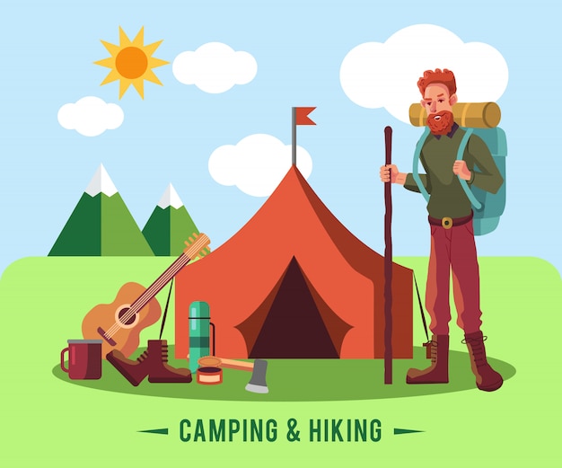 Camping flat set with hiking equipment and outdoors cooking icons 