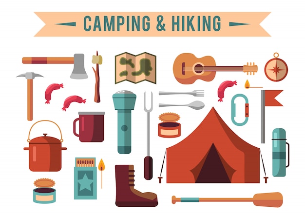 Camping flat set with hiking equipment and outdoors cooking icons