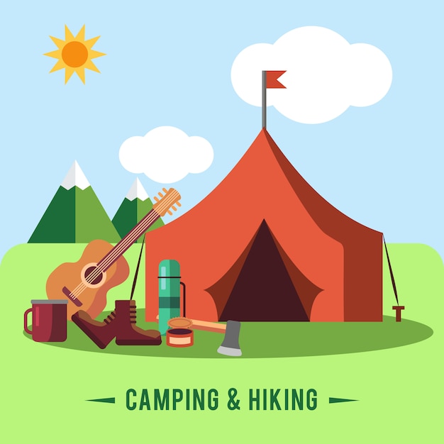 Camping flat set with hiking equipment and outdoors cooking icons