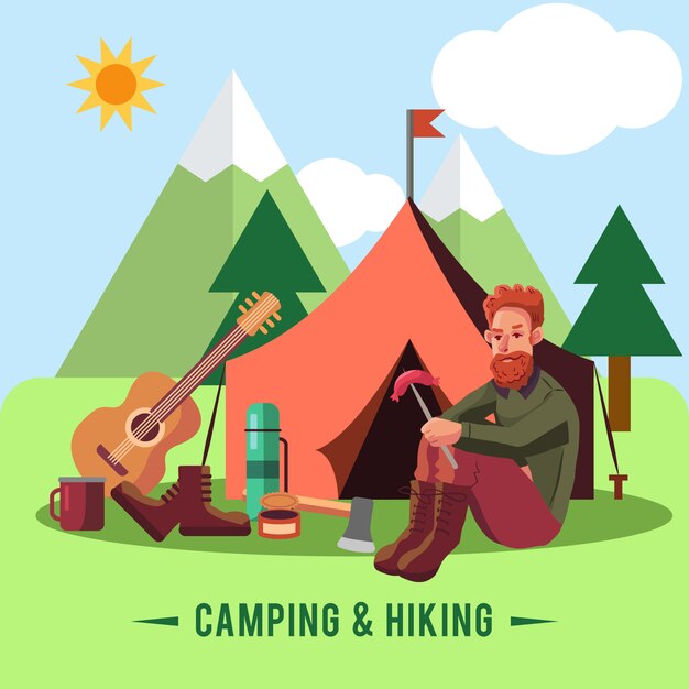 Camping flat set with hiking equipment and outdoors cooking icons 