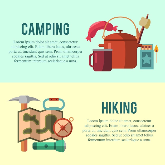 Camping flat set with hiking equipment and outdoors cooking icons 