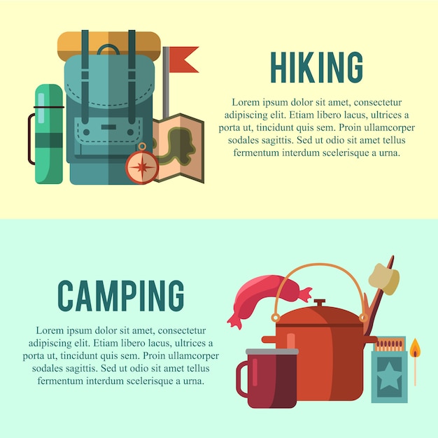 Camping flat set with hiking equipment and outdoors cooking icons 