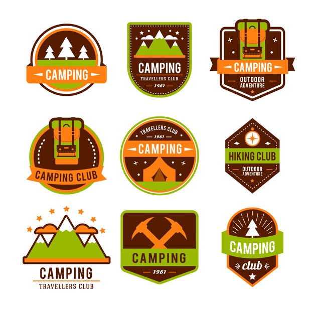 Camping flat set with hiking equipment and outdoors cooking icons 
