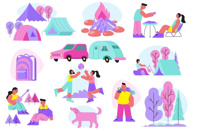 Camping flat set with isolated icons human characters and images of camping life with tents trees vector illustration