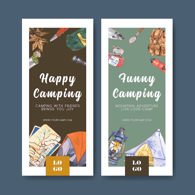 Camping flyer  with lantern, tent and penknife  illustrations.