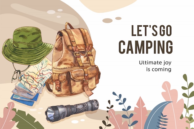 Camping frame  with bucket hat, flashlight and backpack  illustration.