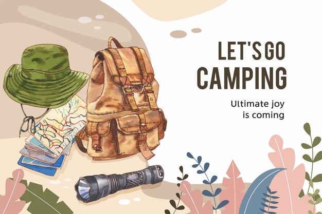 Camping frame  with bucket hat, flashlight and backpack  illustration. 