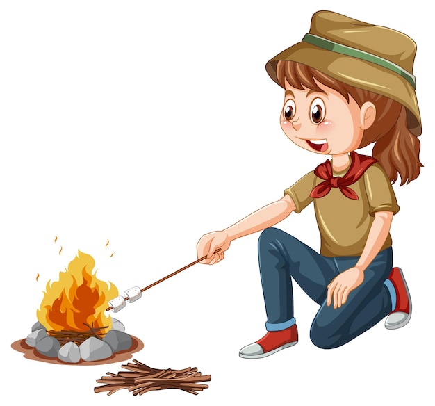 Free vector camping girl roasting marshmallow