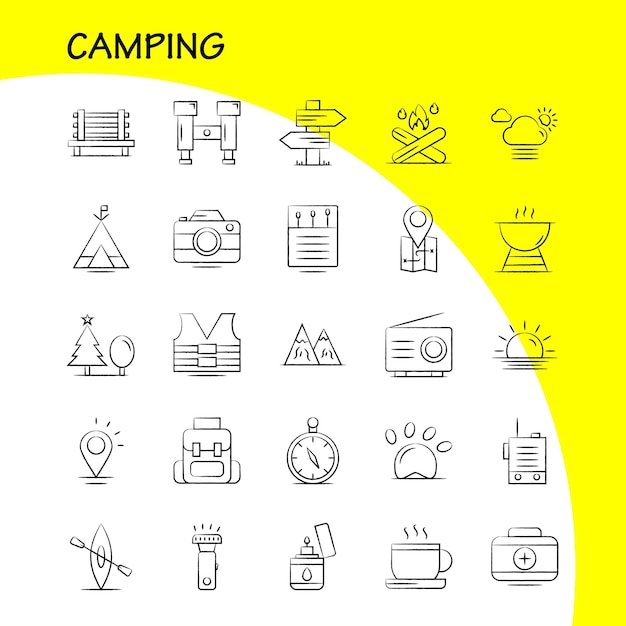 Camping hand drawn icons set for infographics mobile uxui kit and print design include cloud sun weather tea cup coffee hot box icon set vector