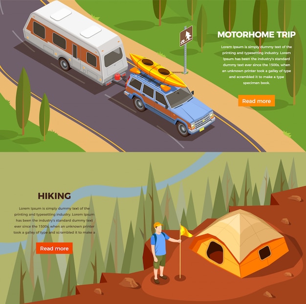 Camping hiking isometric horizontal banners set with read more button editable text and trip images