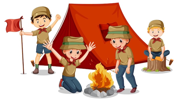 Vettore gratuito bambini in campeggio in stile cartone animato