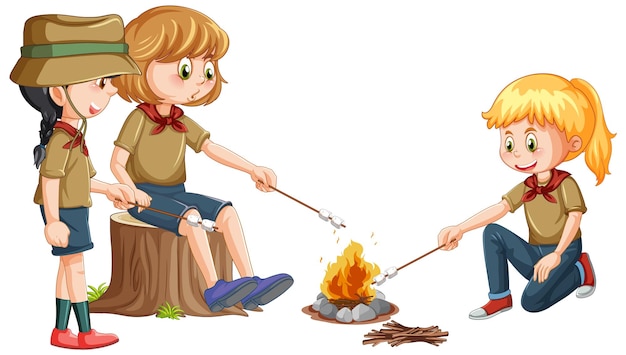 Free vector camping kids roasting marshmallow on campfire