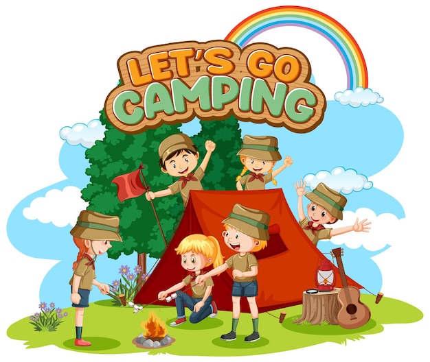 Free vector camping kids and text design for word let's go camping