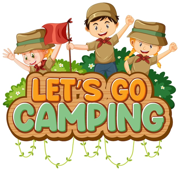 Free vector camping kids and text design for word let's go camping