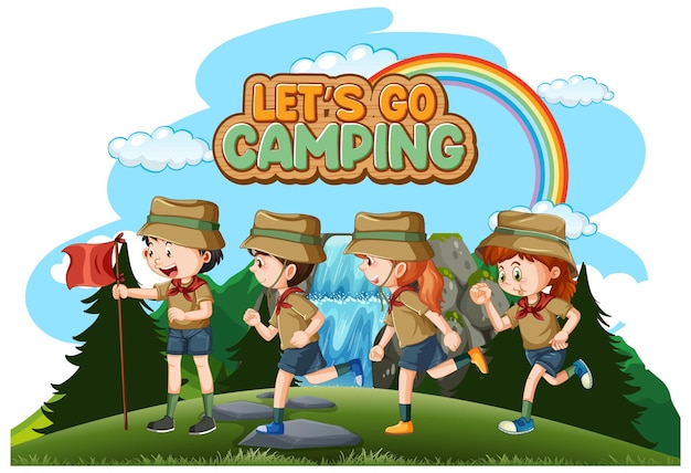 Free vector camping kids and text design for word let's go camping
