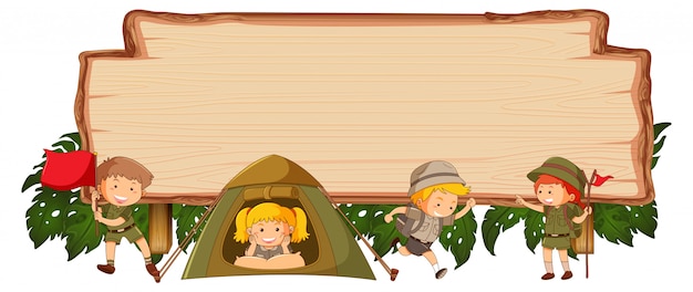 Camping kids on wooden banner