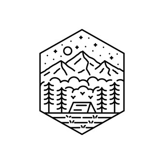 Camping under the mountains in mono line art ,badge patch pin graphic illustration, vector art t-shirt design