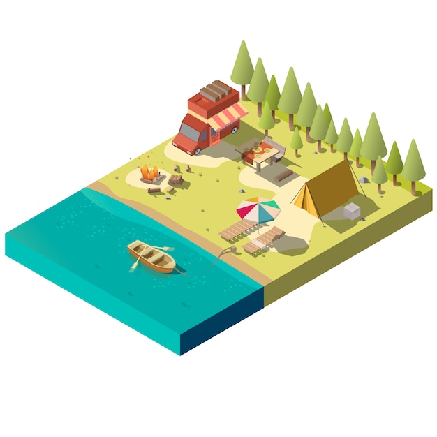 Free vector camping pitch on river shore