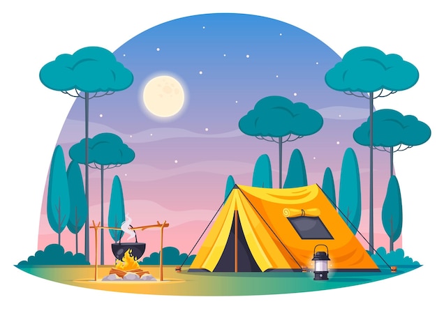 화재 밤 하늘에 저녁 식사와 함께 노란색 텐트 램프 냄비와 캠핑 장소 만화 구성