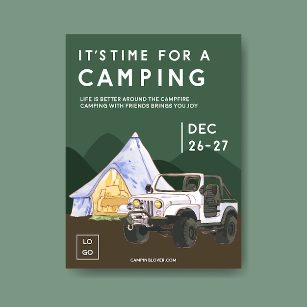 Camping poster with tent, car and mountain  illustrations