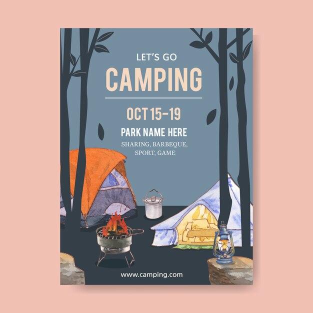 テント、鍋、グリルストーブ、ランタンとキャンプポスター