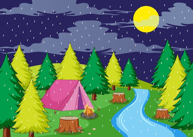 Camping in rainy night