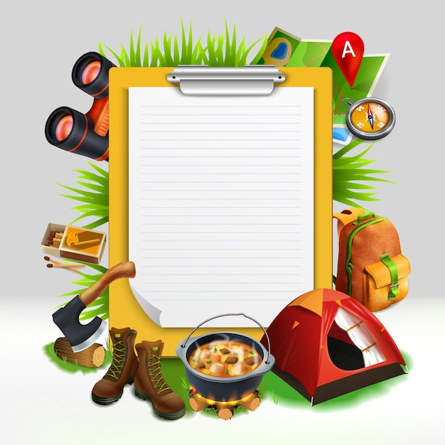 Free vector camping realistic note pad composition