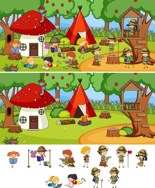 孤立した多くの子供たちの漫画のキャラクターで設定されたキャンプシーン