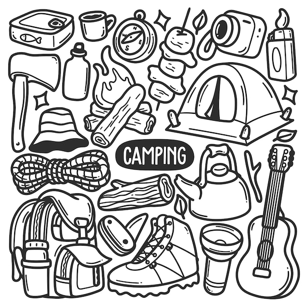 Free vector camping stickers hand drawn doodle coloring vector
