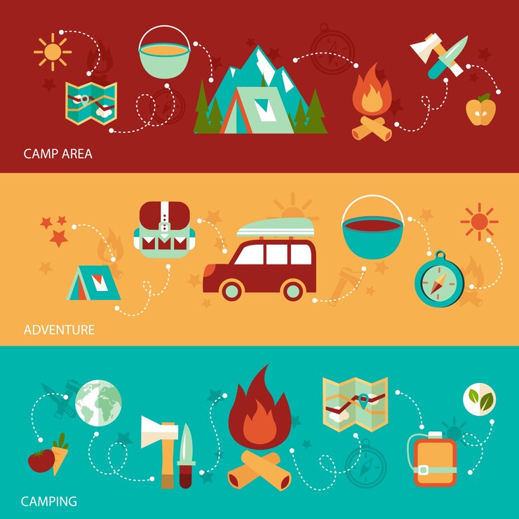 Free Vector camping summer outdoor activity flat banner set with camp area adventure isolated vector illustration