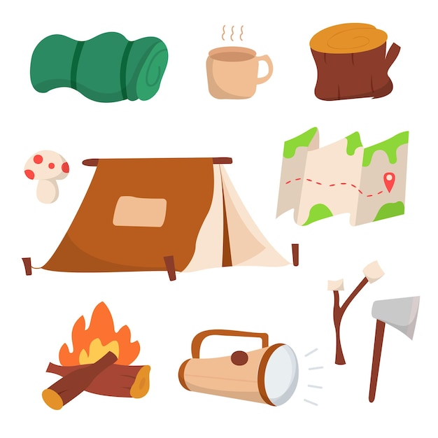 Camping supplies tools and equipment set vector illustration Collection consists of tent sleeping bag travel backpack cauldron cable and others Travelling concept
