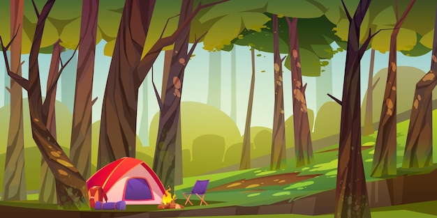 Кемпинговая палатка с костром и туристическим снаряжением в лесу