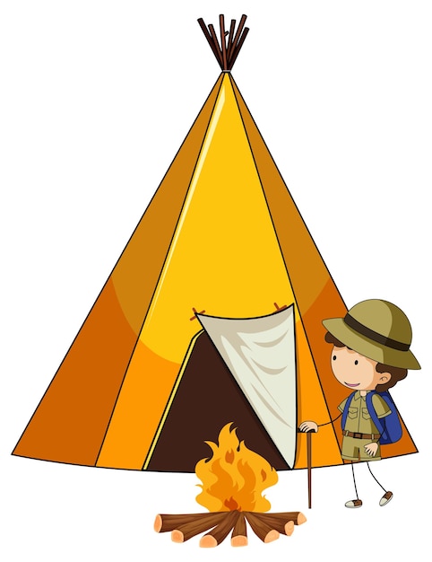 고립 된 낙서 아이 만화 캐릭터와 캠핑 텐트