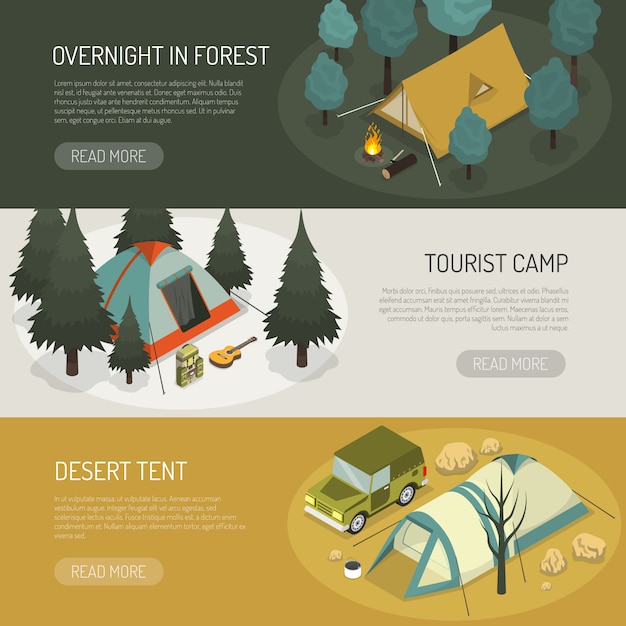 Free vector camping tents choices horizontal banners set