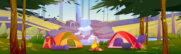 Free vector camping tents with campfire at waterfall cascade