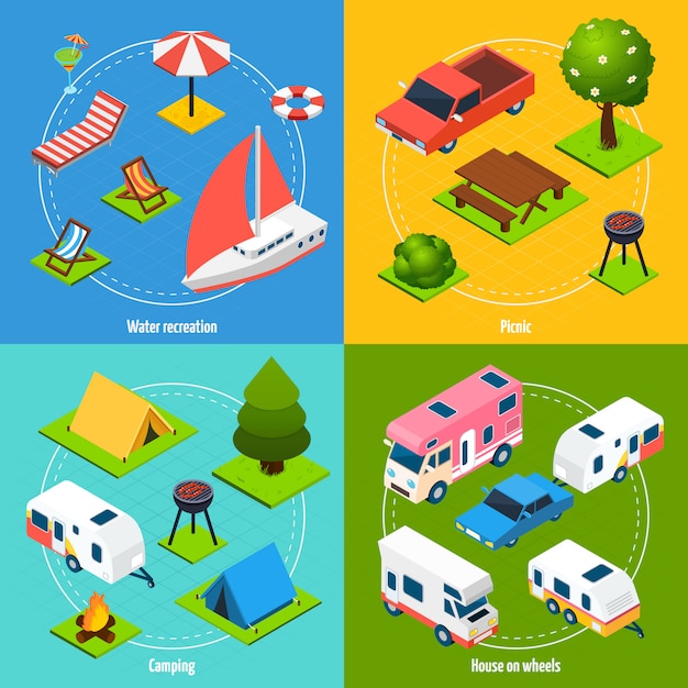 Free vector camping and travel isometric card set