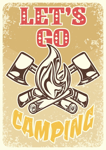 Free vector camping vertical poster with vintage style, editable text and image of bonfire with axes crossed
