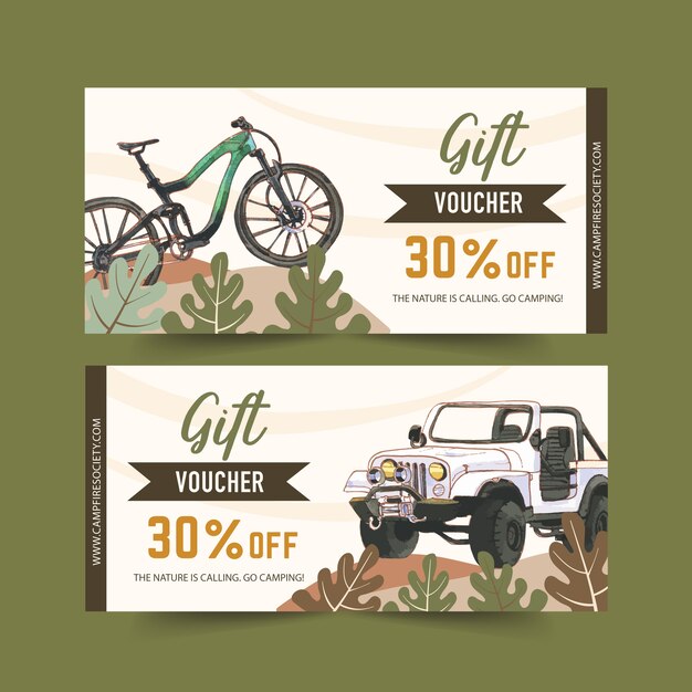 Camping voucher  with bicycle, car and forest  illustrations.