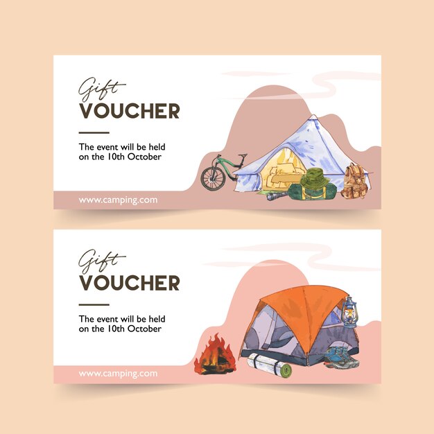 Camping voucher with bicycle, tent, boot and backpack  illustrations.