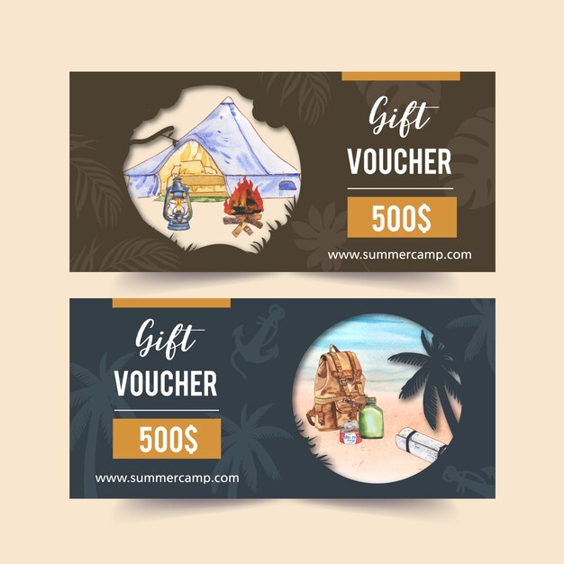 Camping voucher  with campfire, lantern, backpack and beach  illustrations