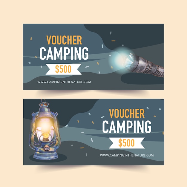 Free vector camping voucher with flashlight and lantern illustrations.