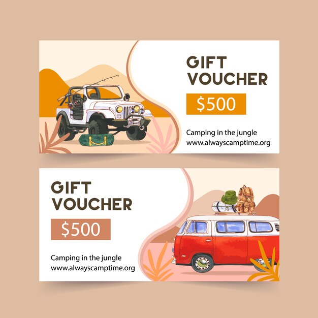 Camping voucher  with rod, car, tent and bucket hat  illustrations.