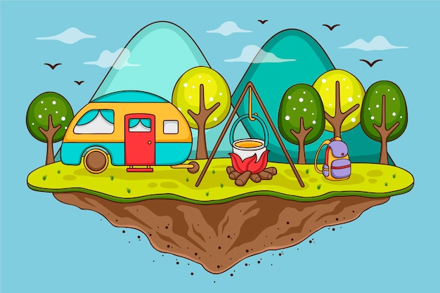 Free vector camping with a caravan illustration concept